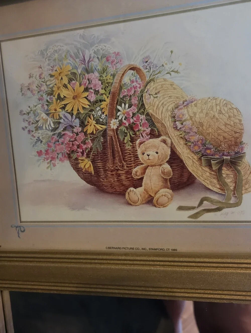 Vintage Gold Framed Wall Mirror with Floral Bear Print Grandma Cottage